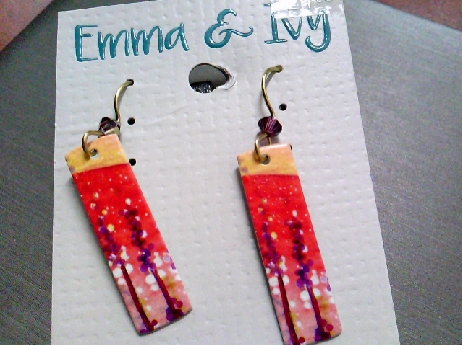 933: Emma & Ivy fishwire dangle earrings with a rectangular color laser engrave plate with a Tree motif yellow/red/pruple