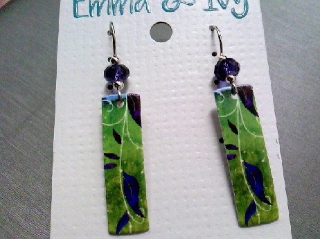 934: Emma & ivy color laser engraved rectangular plate with a green/purple/blue and whte Leaf motif pattern fishwire dangle earrings