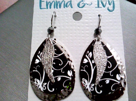 936: Emma & ivy silver tone tear drop shaped fishwire earrings with a black and whtie color laser engraved motif 