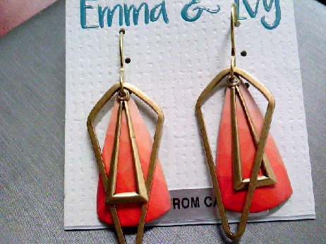 941: Emma & Ivy brass color geometric shaped fishwire earrings with  a tear drop shaped orange color laser engraved plate