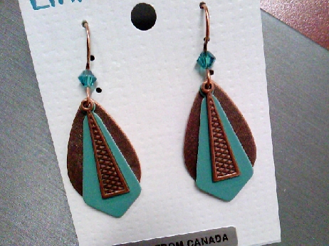 954: Emma & Ivy antique copper color geometric plates with a foam green colo laser engraved fishwire earrings