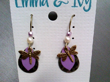 955: Emma & Ivy Brass Dragonfly motif fishwire earrings with a tear drop peweter color hammered plate an and purple pink marquise shaped plate