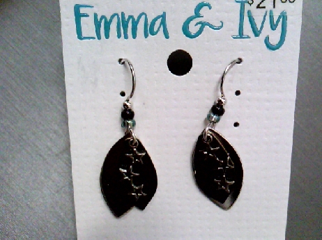 956: Emma & Ivy marquise shaped plates of silver tone and black color laser engraved with three star overlay charms fishwire earrings