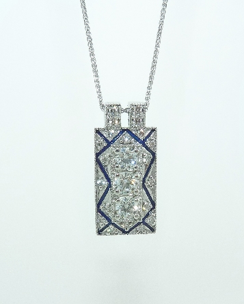 18K white gold pendant known as - Vintage Rectangle Diamond Pendant with Blue Enamel by Hearts On Fire - set with ideal round brilliant cut diamonds by Hearts On Fire: - 0.80carat total weight; G/H VS-SI.