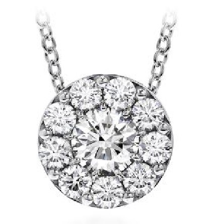 18KW Fulfillment round pendant by Hearts On Fire. 18 long. Set with:
- 11*= 0.48cttw round brilliant cut diamonds by Hearts On Fire