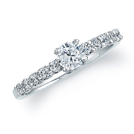 14K white gold engagement ring by Natalie K; set with 1.0 carat CZ. Accented with 12 H-I SI round brilliant cut diamonds totaling 0.37 carats