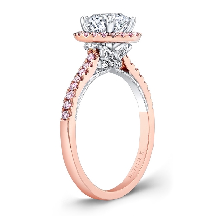 18K rose and white gold engagement ring by Natalie K; set with 1.5 carat CZ. Accented with 50 H-I SI round brilliant cut diamonds totaling 0.36 carats.