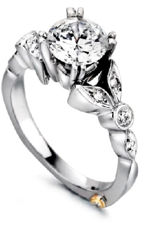 14K white gold engagement ring; known as Reminiscent by Mark Schneider - -Center: Cubic Zirconia - -accented with side diamonds; 0.155 carat total weight; VS-SI; G/H