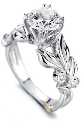 14K white gold Flora Mark Schneider Engagement Ring
-centre: Cubic Zirconia
-accented with side diamonds; 0.065 carat total weight; VS-SI; G/H