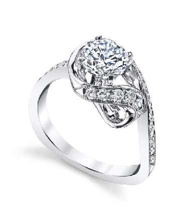 14K white gold engagement ring; known as Wisp 2015. Accented with 28 round brilliant cut diamonds; totaling 0.425 carats. 1 carat CZ center
