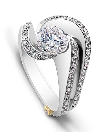 14K white gold engagement ring; known as Brilliance by Mark Schneider
-centre: Cubic Zirconia
-accented with side diamonds; 0.515 carat total weight; VS-SI; G/H