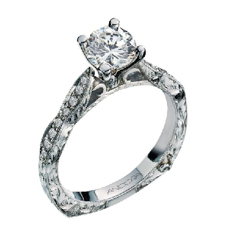 14K white gold engagement ring by Ancora
Set with;
-Center: CZ
-accented with round brilliant cut diamonds; 0.17 carat total weight; G/H VS-SI