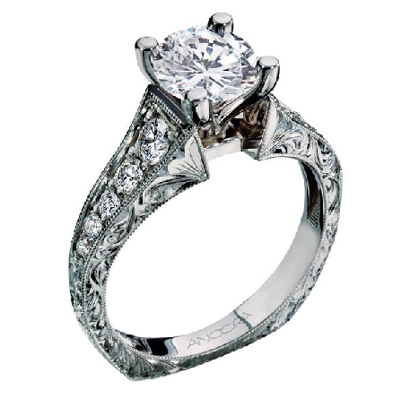 14K white gold engagement ring; by Ancora
Set with:
-Center: CZ
-accented with round brilliant cut side diamonds; 0.45 carat total weight; G/H; VS-SI