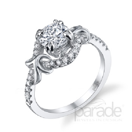18 karat white gold engagement ring; part of the Lyria Bridal Collection by Parade Design.
Set with CZ center.
Accented with 30 very good cut diamonds; 0.29 carat total weight; SI; G/H.