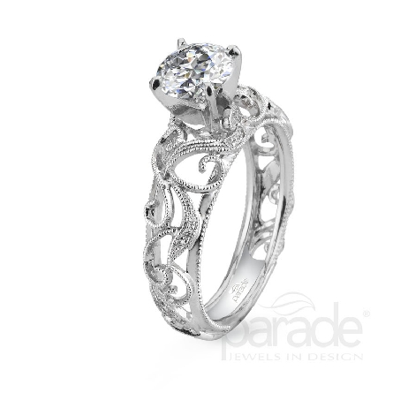 18 karat white gold engagement ring; part of the Hera Bridal Collection by Parade Designs.
Set with CZ Center.
Accented with 22 very good cut diamonds; 0.09 carat total weight; G/H; SI.