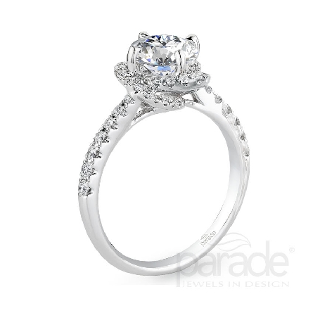 18 karat white gold engagement ring; part of the Hemera Bridal Collection by Parade Design.
Set with CZ Center.
Accented with 60 very good cut diamonds; 0.38 carat total weight; G/H; SI.