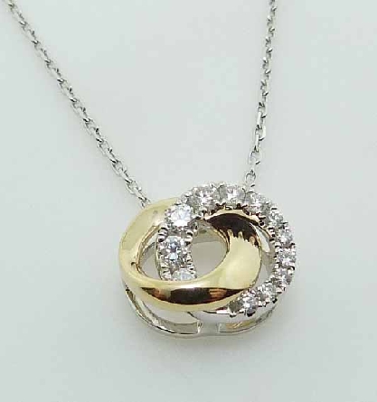 14K Yellow and White gold Mini Love halo claw-set with twelve G-H VS-SI1 excellent cut round brilliant cut diamonds (4* = 0.11ct and 8*= 0.07ct) totaling 0.18 carats; with chain