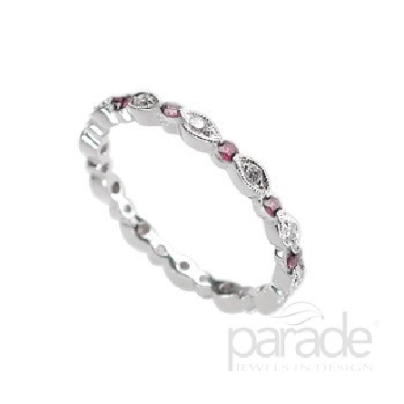 18 karat white gold coloured gemstone band; part of the Charities Collection by Parade Designs.
Set with 6 rubies; 0.20 carat total weight.
Accented with 6 diamonds; 0.06 carat total weight; G/H SI