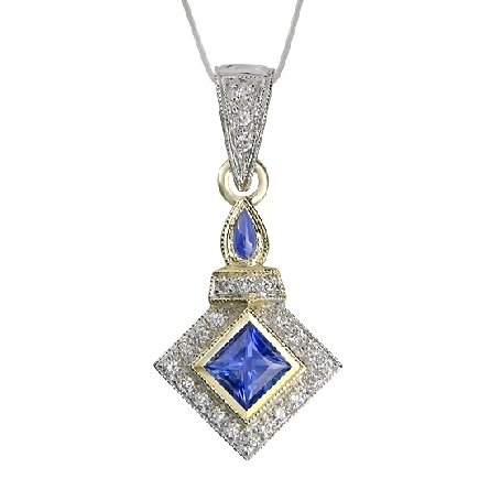 14 karat white and yellow gold; hand engraved; coloured gemstone pendant by Rainbow Sapphire. - Set with a Blue Sapphire; 0.90 carat. - Accented with diamonds; 0.07 carat total weight.