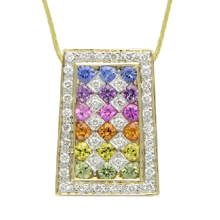 14 karat white gold pendant by Rainbow Sapphire.
Set with 18 round faceted rainbow sapphires; 0.80 carat total weight; 2mm.
Accented with 38 round brilliant cut diamonds; 0.26 carat total weight; SI1-SI2; G/H.