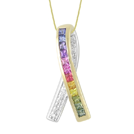14 karat white and yellow gold pendant by Rainbow Sapphire. Set with 12; princess cut rainbow sapphires; 0.75 carat total weight; 2mm.
Accented with 16 round brilliant cut diamonds; 0.10 carat total weight; SI1-SI2; G/H.