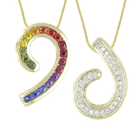 14 karat white gold coloured gemstone pendant by Rainbow Sapphire.
Set with intense coloured Sapphires; 0.85 carat total weight; 2mm.
Accented with diamonds; 0.18 carat total weight.