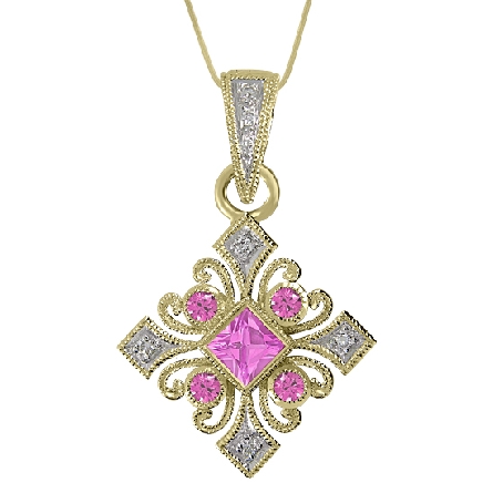 14 karat white gold hand engraved pendant by Rainbow Sapphire.
Set with 1 princess cut and 4 round faceted pink sapphires; 0.40 carat total weight.
-accented with 7 pave set round brilliant cut diamonds; 0.04 carat total weight; SI1-SI2; G/H