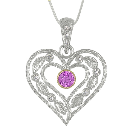 14 karat white and yellow gold hand engraved pendant by Rainbow Sapphire.
Set with 2 round faceted pink sapphires; 0.25 carat total weight
Accented with 9 round brilliant cut diamonds; 0.07 carat total weight; SI1-SI2; G/H.