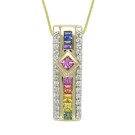 14 karat white gold coloured gemstone pendant by Rainbow Sapphire.
Set with 8 multi-coloured; intense coloured; Princess cut Sapphires; 0.55 carat total weight; 2mm & 2.5mm.
Accented with diamonds; 0.17 carat total weight.