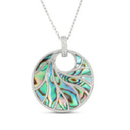 14K white gold small round abalone and single row of 8 diamonds; totaling 0.04 carats; bale Venus II pendant with chain; from Frederic Sage collection.