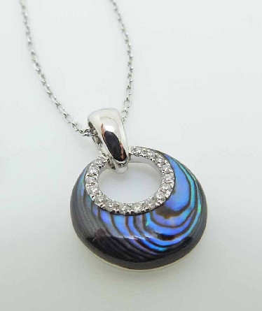 14K white gold round 1.03 carats abalone with 16 G-H VS-SI excellent cut round brilliant cut diamonds loop; totaling 0.08 carats VENUS CRESCENT MOON with chain; by Frederic Sage