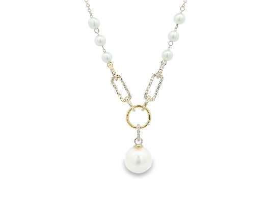 Bassali Jewelry 14K Gold Pearl and Diamond Drop Necklace From the...