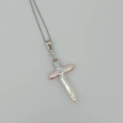 Fresh water cultured pearl cross pendant.  Beautiful lustre; blush ...