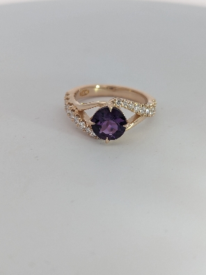 Custom amethyst and diamond ring set in 14ky gold with 8mm round am...